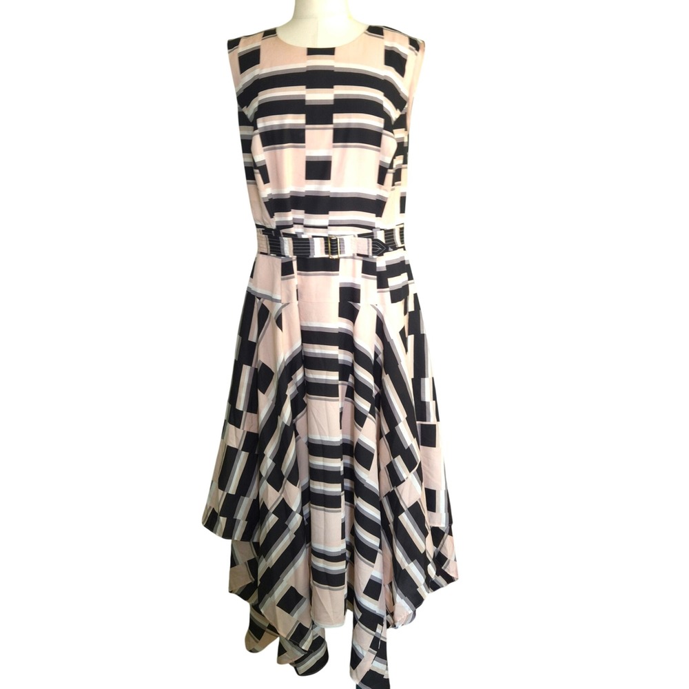 Calvin Klein Handkerchief Hem Dress Womens 22W Pink Black Geometric Belted Midi